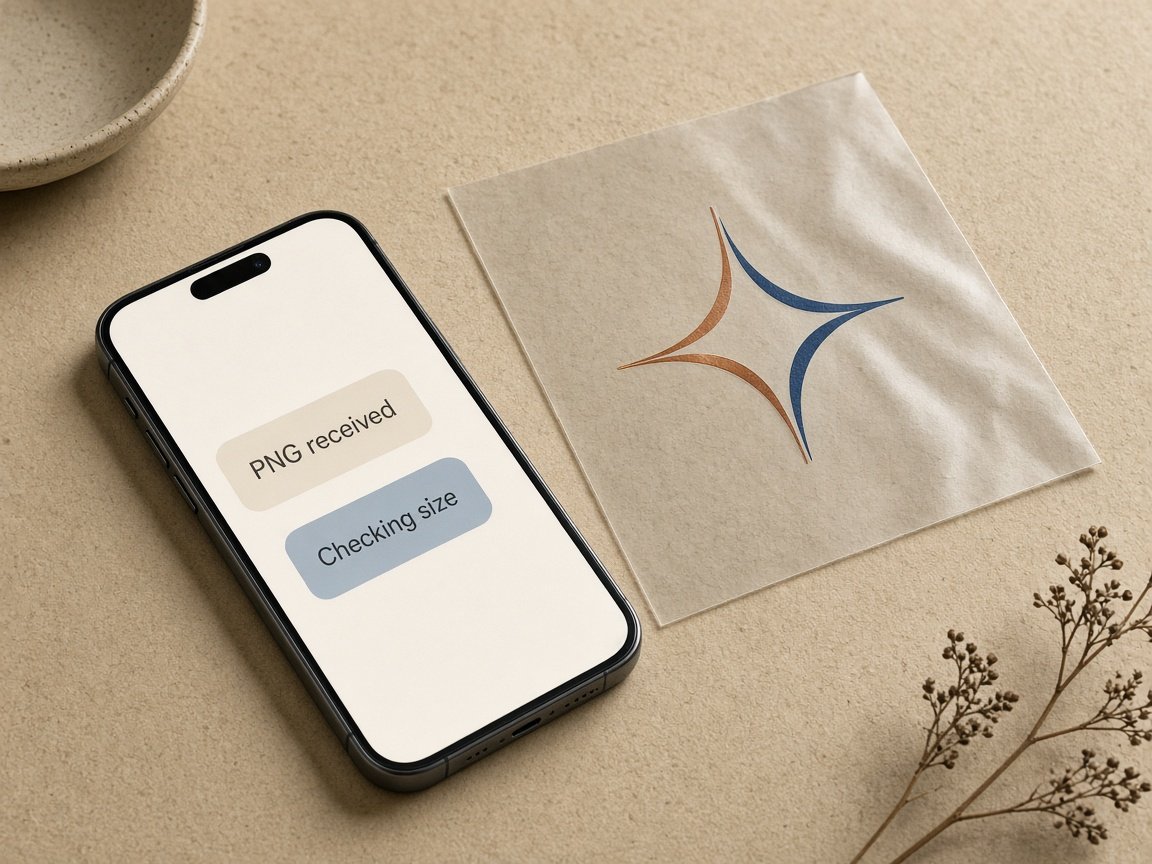 A phone beside a printed film, with a chat that says the PNG was received and the size is being checked