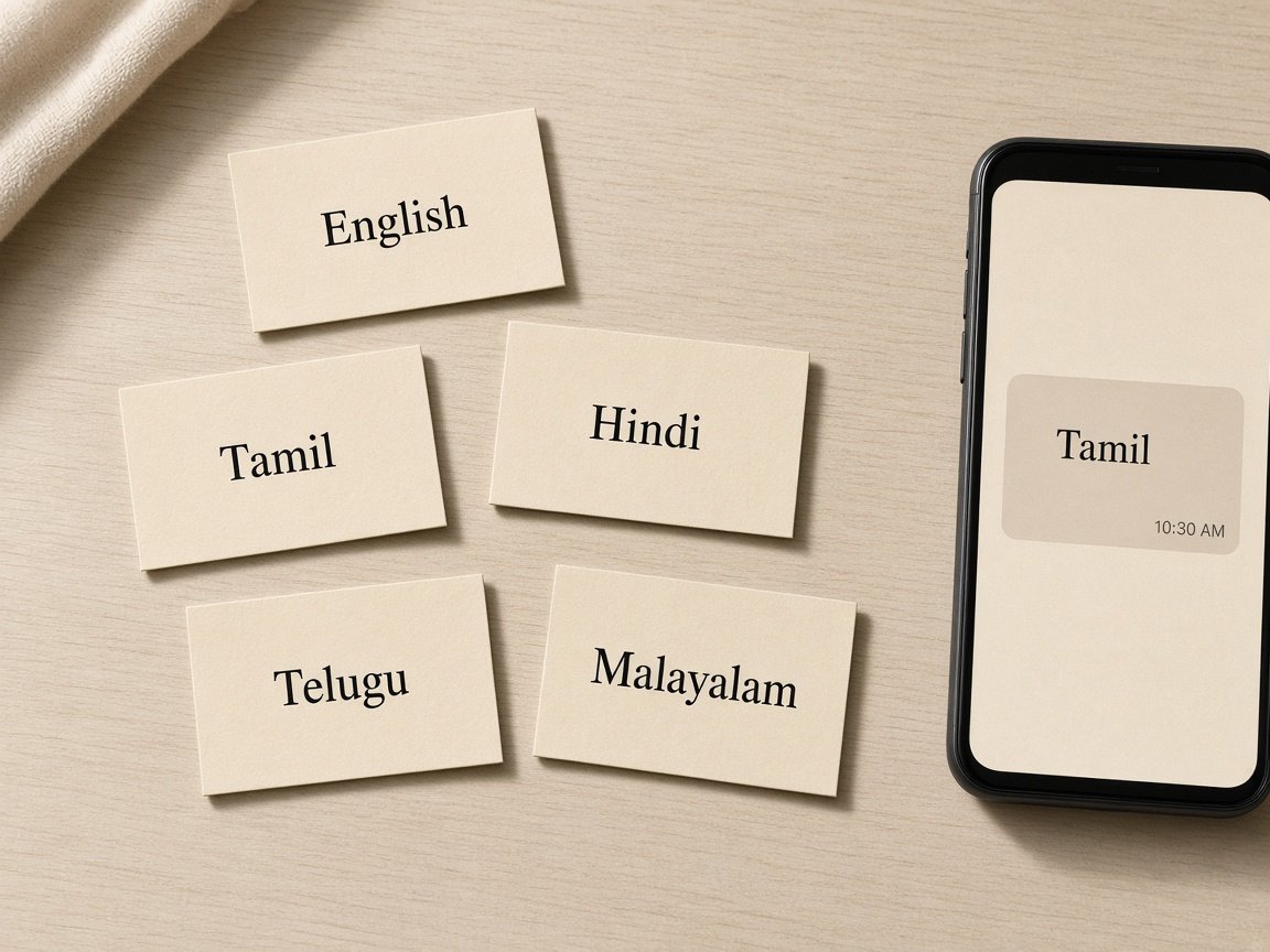 Five cards labeled English, Tamil, Hindi, Telugu, and Malayalam, beside a phone