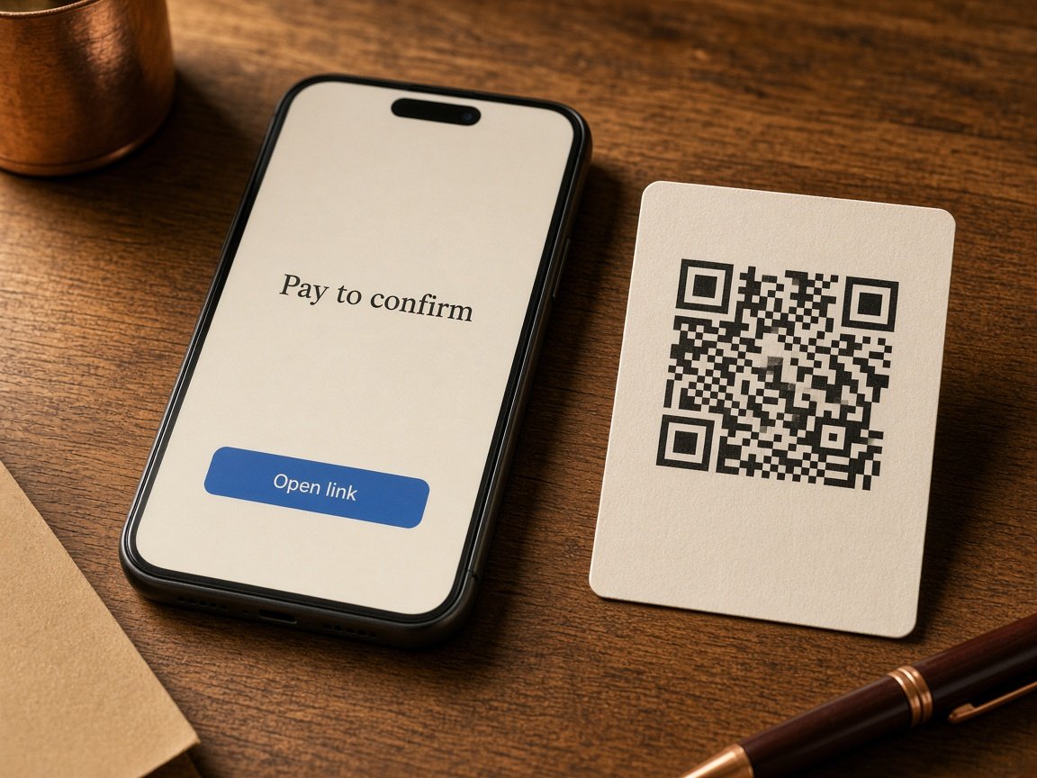 A phone that says pay to confirm, next to a payment card with a code