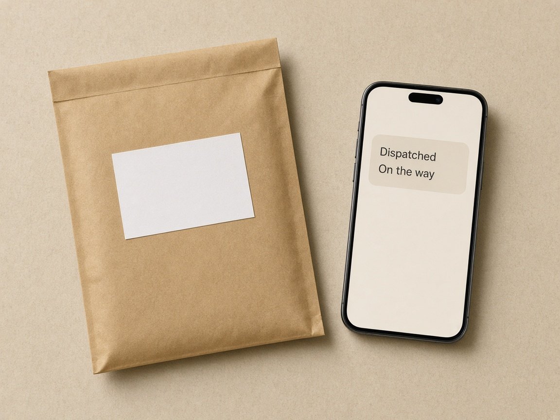 A mailer beside a phone that says the order is dispatched and on the way
