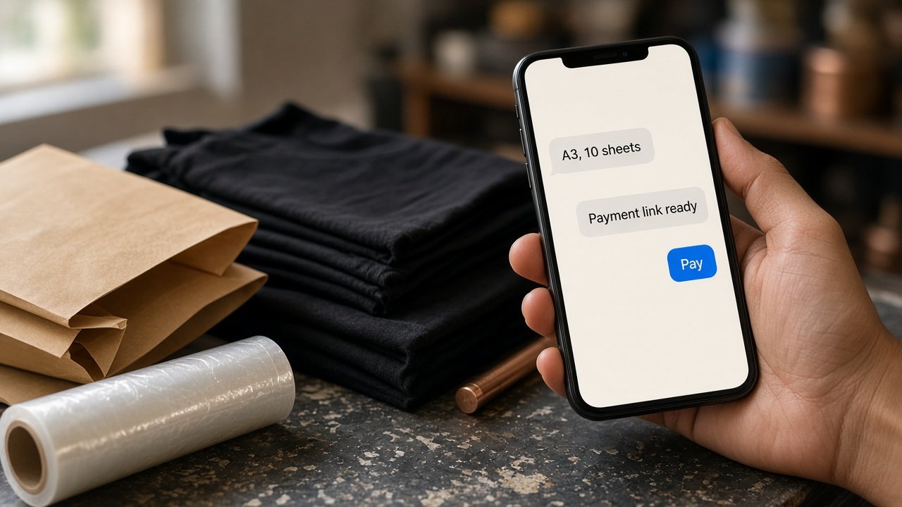 A phone in a print studio showing a chat that confirms ten A3 sheets and a payment link
